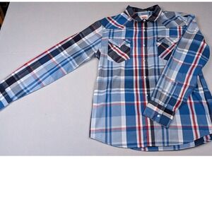 Levis Western Shirt Mens Large Blue Red Plaid Pearl Snap Long Sleeve Cotton L